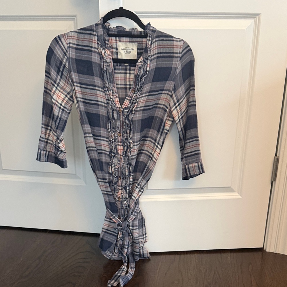 Abercrombie & Fitch Navy Plaid Ruffle Top
